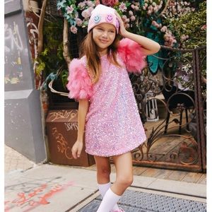 Lola + the boys pink rose party feather dress